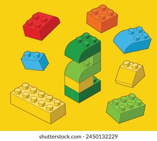 Number 2 from Plastic building blocks. Colored bricks isolated on color background. Vector isometric 3d illustration.