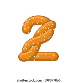 Number 2 pretzel. snack font two symbol. Food alphabet sign. Traditional German meal is ABC. Bake numeric
