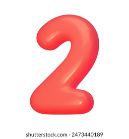 Number 2. Red digit two in 3d style. Realistic design in cartoon balloon style, elements isolated on white background. Vector illustration