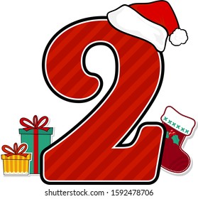 number 2 with red santa's hat and christmas design elements isolated on white background. can be used for holiday season card, nursery decoration or christmas paty invitation