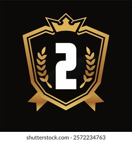 Number 2 Shield Logo with Golden Crown, Laurel Wreaths, and Black Background Premium Award Design Concept