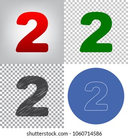 Number 2 sign design template elements. Vector. 4 styles. Red gradient in radial lighted background, green flat and gray scribble icons on transparent and linear one in blue circle.