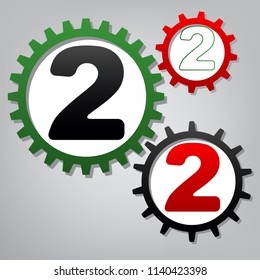 Number 2 sign design template elements. Vector. Three connected gears with icons at grayish background.