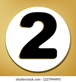 Number 2 sign design template elements. Vector. Black icon with light brown shadow in white circle with shaped ring at golden background.