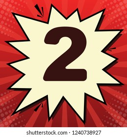 Number 2 sign design template elements. Vector. Dark red icon in lemon chiffon shutter bubble at red popart background with rays.