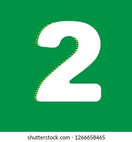 Number 2 sign design template elements. Vector. White flat icon with yellow striped shadow at green background.