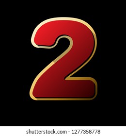 Number 2 sign design template elements. Vector. Red icon with small black and limitless shadows at golden sticker on black background.