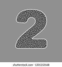 Number 2 sign design template elements. Vector. Black maze filled icon with white border at gray background.