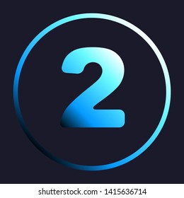 Number 2 sign design template elements. White, cyan and blue gradient icon as round button in white shell at dark blue background. Illustration.