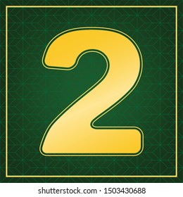 Number 2 sign design template elements. Golden icon with gold contour at dark green gridded background. Illustration.