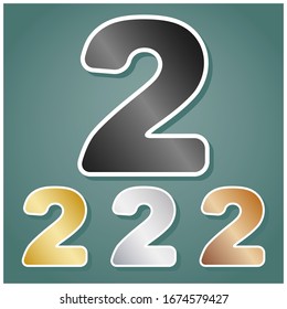 Number 2 sign design template elements. Set of metallic Icons with gray, gold, silver and bronze gradient with white contour and shadow at viridan background. Illustration.