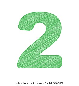 Number 2 sign design template elements. Green scribble Icon with solid contour on white background. Illustration.
