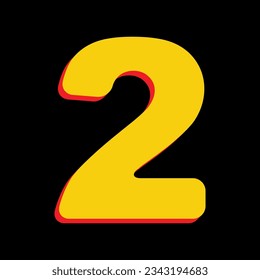 Number 2 sign design template elements. 3D Extruded Yellow Icon with Red Sides a Black background. Illustration.