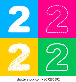 Number 2 sign design template elements. Four styles of icon on four color squares.