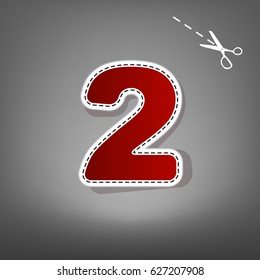 Number 2 sign design template elements. Vector. Red icon with for applique from paper with shadow on gray background with scissors.