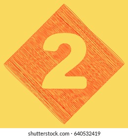 Number 2 sign design template elements. Vector. Red scribble icon obtained as a result of subtraction rhomb and path. Royal yellow background.