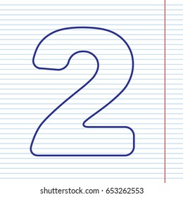 Number 2 sign design template elements. Vector. Navy line icon on notebook paper as background with red line for field.