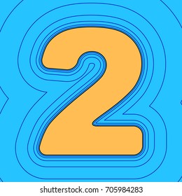 Number 2 sign design template elements. Vector. Sand color icon with black contour and equidistant blue contours like field at sky blue background. Like waves on map - island in ocean or sea.