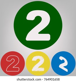 Number 2 sign design template elements. Vector. 4 white styles of icon at 4 colored circles on light gray background.