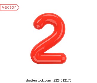 Number 2 Sign. Realistic Red Plastic Glossy 3D Number Two isolated on white background. Birthday, Anniversary, Christmas, Xmas, New year, Holiday Sale Concept. 3d vector illustration