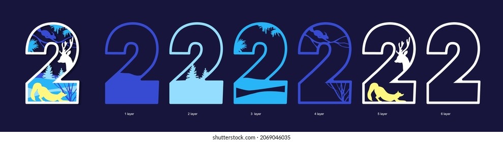 Número 2. Plantilla para corte láser con capas. Año Nuevo y decoración navideña con ciervos, copos de nieve, zorro y ardilla. Juguete colorante de madera. Ilustración vectorial.