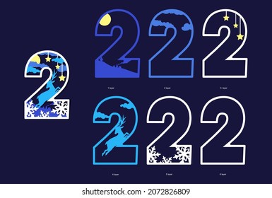 Number 2. Template for laser cut with layers. New Year and Christmas decoration with  deer, snowflakes, moon and stars. Wooden coloring toy. Vector illustration.