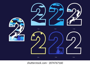 Nummer 2. Vorlage für Laserschneiden mit Schichten. Neujahr und Weihnachtsdekoration mit Hirsch, Schneeflocken, Mond und Sternen. Farbspielzeug aus Holz. Vektorgrafik.