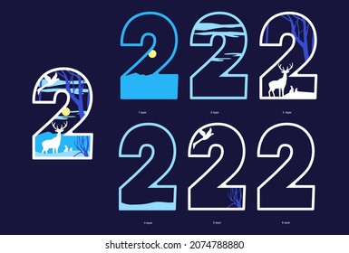 Number 2. Template for laser cut with layers. New Year and Christmas decoration with  deer, snowflakes, moon and stars. Wooden coloring toy. Vector illustration.