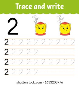 Number 2. Trace and write. Handwriting practice. Learning numbers for kids. Education developing worksheet. Color activity page. Isolated vector illustration in cute cartoon style.
