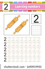 Number 2. Trace and write. Handwriting practice. Learning numbers for kids. Education developing worksheet. Activity page. Isolated vector illustration in cute cartoon style.