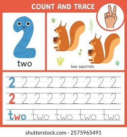 Number 2 tracing worksheet for kids. Learning numbers activity page for pre-school. Count and trace template with cute squirrels. Vector illustration