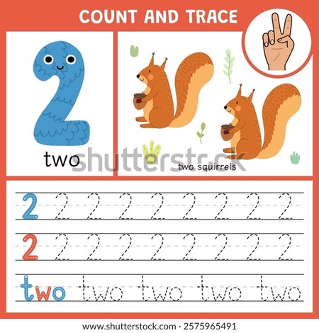 Number 2 tracing worksheet for kids. Learning numbers activity page for pre-school. Count and trace template with cute squirrels. Vector illustration