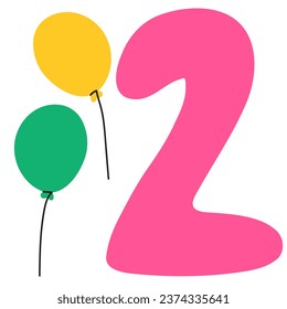 Number 2. Two air balloons. Counting for children. Vector graphic design. Illustration on white background.