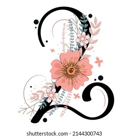 Number 2 (TWO) birthday celebration anniversary. 2 NUMBER with flowers and leaves. Decoration floral Illustration numbers TWO ornaments