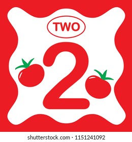 Number 2 (two), educational card, learning counting with vegetables, mathematics. Vector illustration.