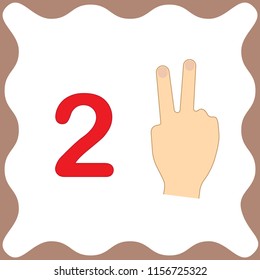 Number 2 (two), educational card, learning counting with fingers of hand, mathematics. Vector illustration.
