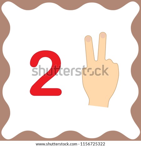 Number 2 (two), educational card, learning counting with fingers of hand, mathematics. Vector illustration.