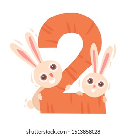 Number 2 and two hares. Vector illustration on a white background.