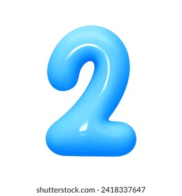 Number 2. Two Number sign blue color. Realistic 3d design in cartoon balloon style. Isolated on white background. vector illustration