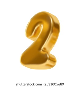 Number 2. Two Number sign gold color. Realistic 3d design in metal style. Isolated on white background. vector illustration