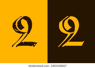 Number 2. Two sign logo in Gothic style. Calligraphy letters. Antique vintage blackletter vector emblems set. Medieval Germanic font for tattoos, stylish calligraphy, luxury masthead, halloween.