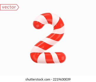 Number 2. Number two sign white intertwined with red ribbon. 3d Numeral as Candy Cane in cartoon style. Realistic glossy object isolated on white background. 3D symbol icon vector illustration