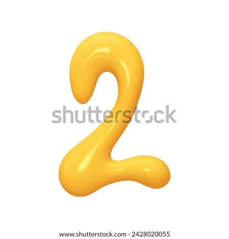 Number 2. Two Number sign yellow color. Realistic 3d design in cartoon liquid paint style. Isolated on white background. vector illustration