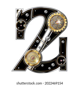 The number 2 is two in the steampunk style. Isolated on a white background. Vector in an industrial vintage style.