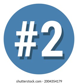Número 2 dos símbolo de signo en círculo, icono de etiqueta de segundo recuento. Simple ilustración vectorial de diseño plano. Blanco con sombra sobre fondo azul.
