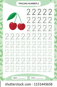 Number 2. Two Tracing Worksheet. Cherry berry. Preschool worksheet, practicing motor skills - tracing dashed lines. A4 blue. Vector