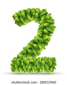 Number 2, vector alphabet of green leaves  on white background