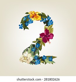Number 2, Vector Colorful Flower Font For Your Design.