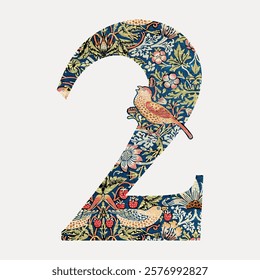 Number 2 vintage font, botanical pattern inspired by William Morris illustration isolated on white, vector. Vintage illustration. Vintage font artwork element by William Morris, illustration vector.