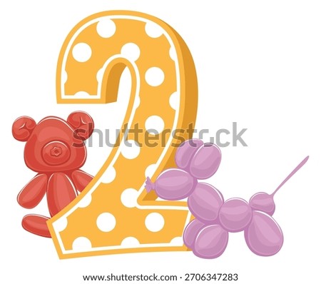 A number 2 is written in yellow with red polka dots